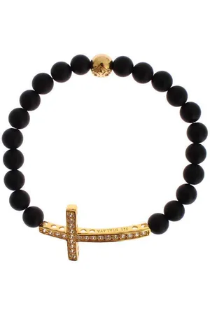 Nialaya Matte Onyx Stone Gold CZ Cross 925 Bracelet - S
