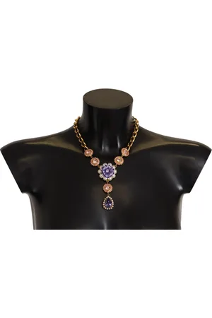 Dolce & Gabbana Brass Crystal Purple Pink Pearl Pendants Necklace