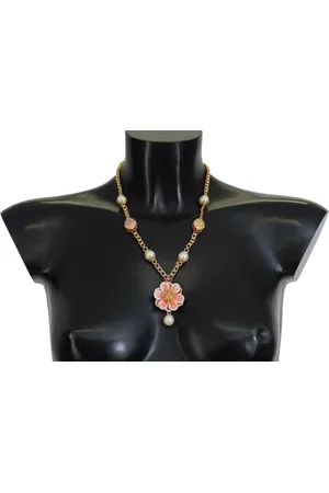 Dolce & Gabbana Gold Tone Floral Crystals Pink Embellished Necklace