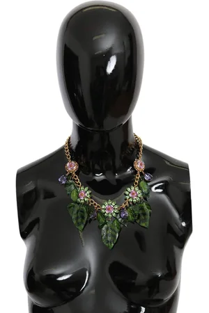 Dolce & Gabbana Green Leaves Brass Crystal Flower Pendant Necklace