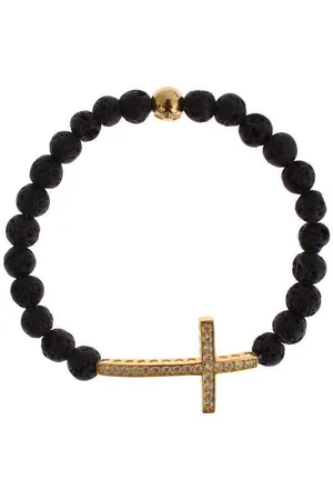 Nialaya Lava Stone Gold Clear CZ Cross 925 Bracelet - S