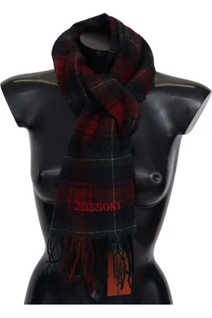 Missoni Black Red Check Wool Unisex Neck Wrap Fringes Scarf