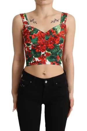 Dolce & Gabbana Geranium Print Viscose Sweetheart Cropped Top - IT36 | XS