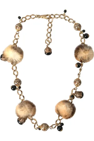 Dolce & Gabbana Brass Leopard Fur Pearl Collier Chain Belt - 100 cm / 40 Inches