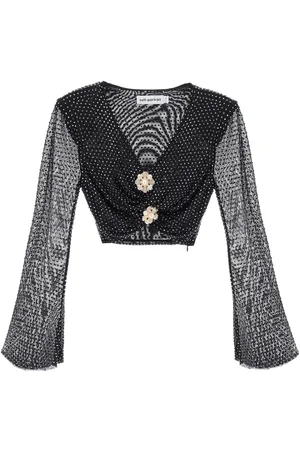 Self-Portrait Rhinestone-studded cropped top with diamanté brooches - 6
