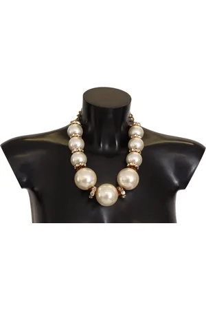 Dolce & Gabbana Elegant Faux Pearl Charm Necklace with Crystal Accents