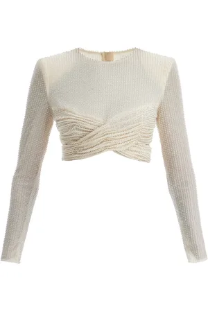 Self-Portrait Mesh crop top with beads embellishments. - 10