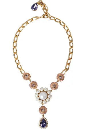Dolce & Gabbana Gold Brass Crystal Purple Pearl Pendants Necklace