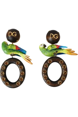 Dolce & Gabbana Parrot Wood Brass Crystal Embellished Earrings