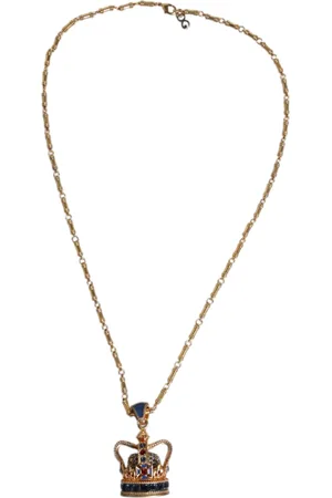 Dolce & Gabbana Gold Tone Chain Brass Crystal Crown Pendant Necklace