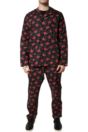 Dolce & Gabbana Black Floral Print Cotton Men Pajama Set Sleepwear - IT38 | XS