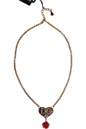 Dolce & Gabbana Brass Cuore Heart Rose Crystal Embellished Necklace