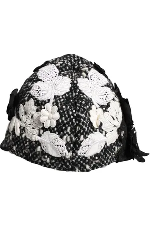 Dolce & Gabbana Black Wool White Floral Embellished Cloche Hat
