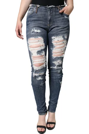 Dolce & Gabbana Blue Cotton Stretch Tattered Skinny Jeans - IT40|S