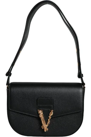 VERSACE Grainy Calf Leather Logo Crossbody Shoulder Bag