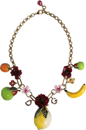 Dolce & Gabbana Brass FRUIT Pendants Flowers Crystal Logo Necklace
