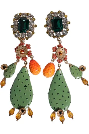 Dolce & Gabbana Green Cactus Crystal Clip On Dangling Jewelry Earrings