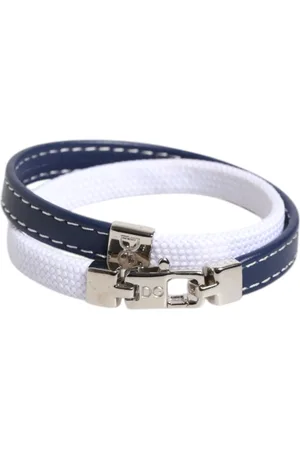 Dolce & Gabbana Blue White Leather Trimmed DG Engraved Silver Tone Clasp Bracelet
