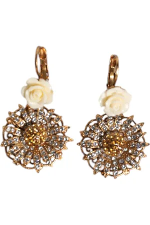 Dolce & Gabbana White Floral Clear Crystal Brass Dangling Jewelry Earrings