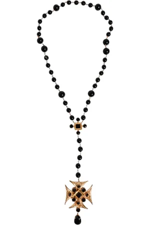 Dolce & Gabbana Gold Brass Black Beaded Chain Rosary Pendant Necklace