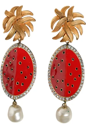 Dolce & Gabbana Watermelon Gold Brass Crystal Clip Dangling Earrings