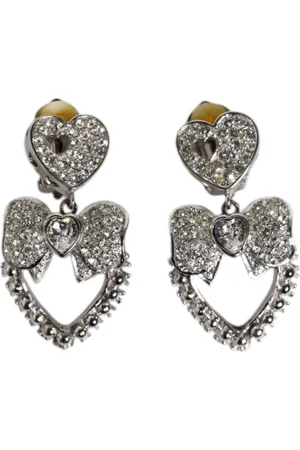 Dolce & Gabbana Silver Heart Bow Rhinestones Dangle Clip-On Earrings