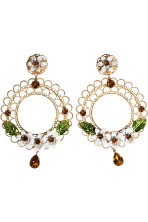Dolce & Gabbana Gold Floral Filigree Hoop Enamel Amber Crystals Earrings