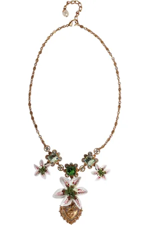 Dolce & Gabbana Gold Brass Lily Crystal Sacred Heart Pendant Necklace