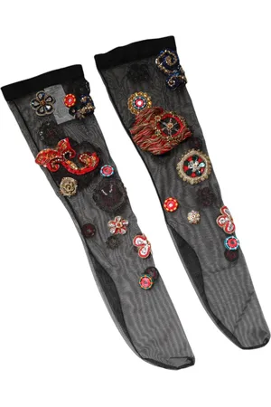 Dolce & Gabbana Black Stretch Carretto Crystal Stockings Socks - M