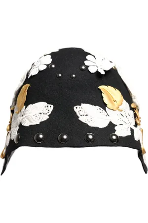 Dolce & Gabbana Black Wool White Floral Gold Leaf Cloche Hat