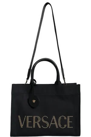 VERSACE Top Handle Canvas Leather Logo Crossbody Tote Bag