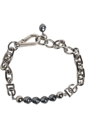 Dolce & Gabbana Silver Tone Chain Lobster Clasp Logo Gray Pearls Bracelet