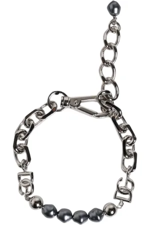 Dolce & Gabbana Silver Tone Chain Lobster Clasp Logo Gray Pearls Bracelet