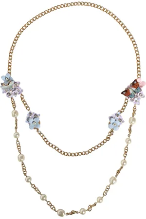 Dolce & Gabbana Gold Chain Brass Floral Layered Crystal Pearl Necklace