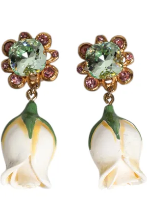 Dolce & Gabbana Brass White Flower Bloom Crystal Clip Dangling Earrings