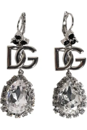 Dolce & Gabbana Silver Brass Crystal Teardrop DG Logo Clip On Earrings
