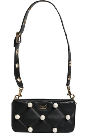 Dolce & Gabbana Leather Pearl Embellished Logo Shoulder Bag