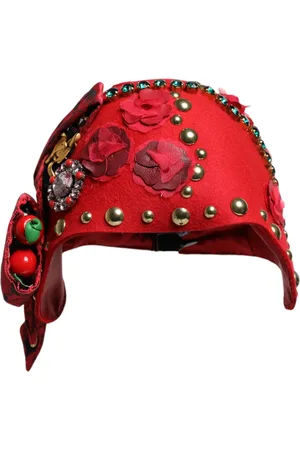 Dolce & Gabbana Red Crystal Gold Roses Brooch Embellished Hat