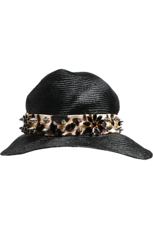 Dolce & Gabbana Black Straw Crystal Embellished Wide Brim Hat - 56 cm|XS