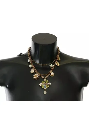 Dolce & Gabbana Brass Crystal Floral Statement Charms Necklace