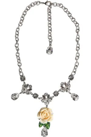 Dolce & Gabbana Silver Tone Brass Clear Crystal Roses Pendants Necklace