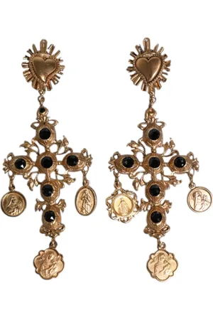 Dolce & Gabbana Gold Black Crystal Cross Sacred Heart Dangling Earrings