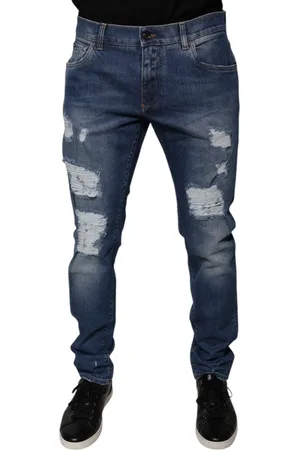 Dolce & Gabbana Blue Cotton Tattered Skinny Denim Jeans - IT52 | XL