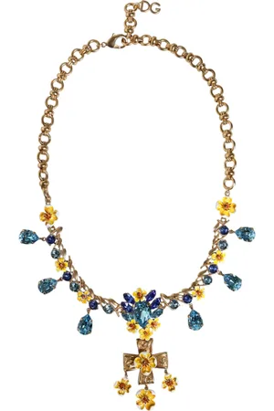 Dolce & Gabbana Brass Chain Floral Crystal Cross Pendant Necklace