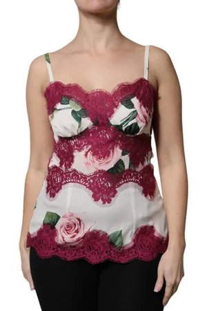 Dolce & Gabbana White Rose Print Satin Lace Tank Top Lingerie - IT38 | XS