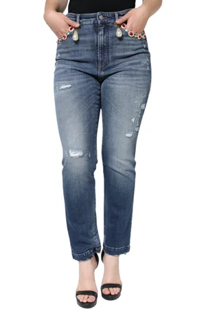 Dolce & Gabbana Dark Blue Cotton Tattered Skinny Denim Jeans - IT44 | L
