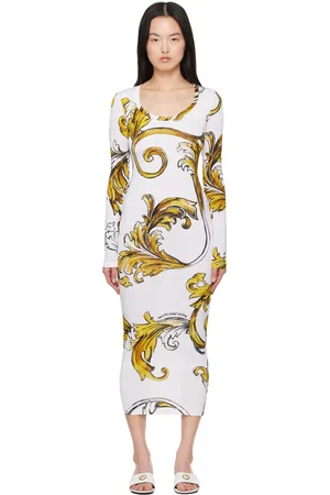 VERSACE White & Yellow Outline Barocco Midi Dress