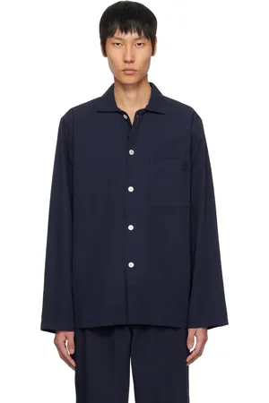 Tekla Navy Poplin Long-Sleeved Pyjama Shirt