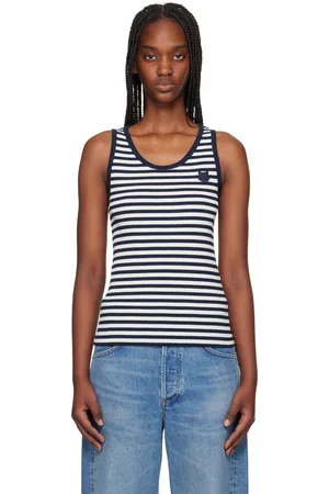 Maison Kitsuné Navy & Off-White Bold Fox Head Patch Multi Stripes Ribbed Tank Top