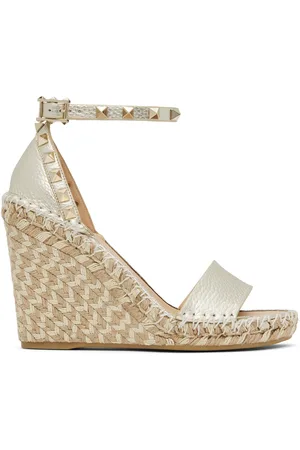 VALENTINO GARAVANI Silver Double Rockstud Grainy Calfskin Wedge Sandals